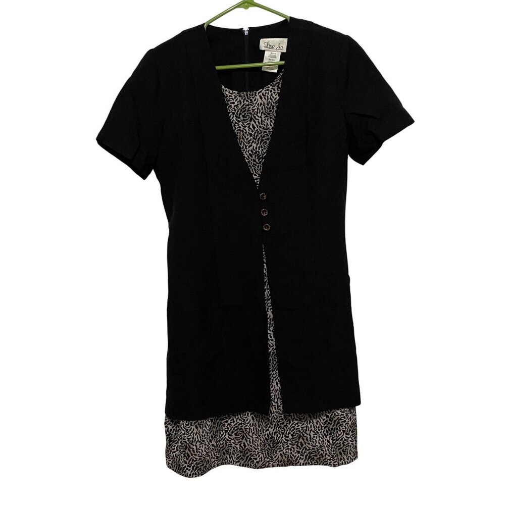 Vintage 90s Lisa Jo Career Dress Size 9/10 Black Animal Print Office Wear Church